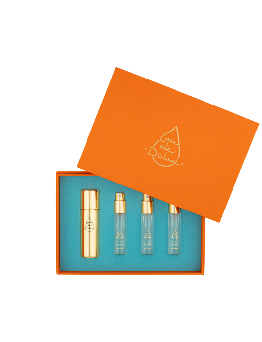 Eau de Dubai Travel Set – three 10 ml bottles of one Alwan Collection perfume in a golden case